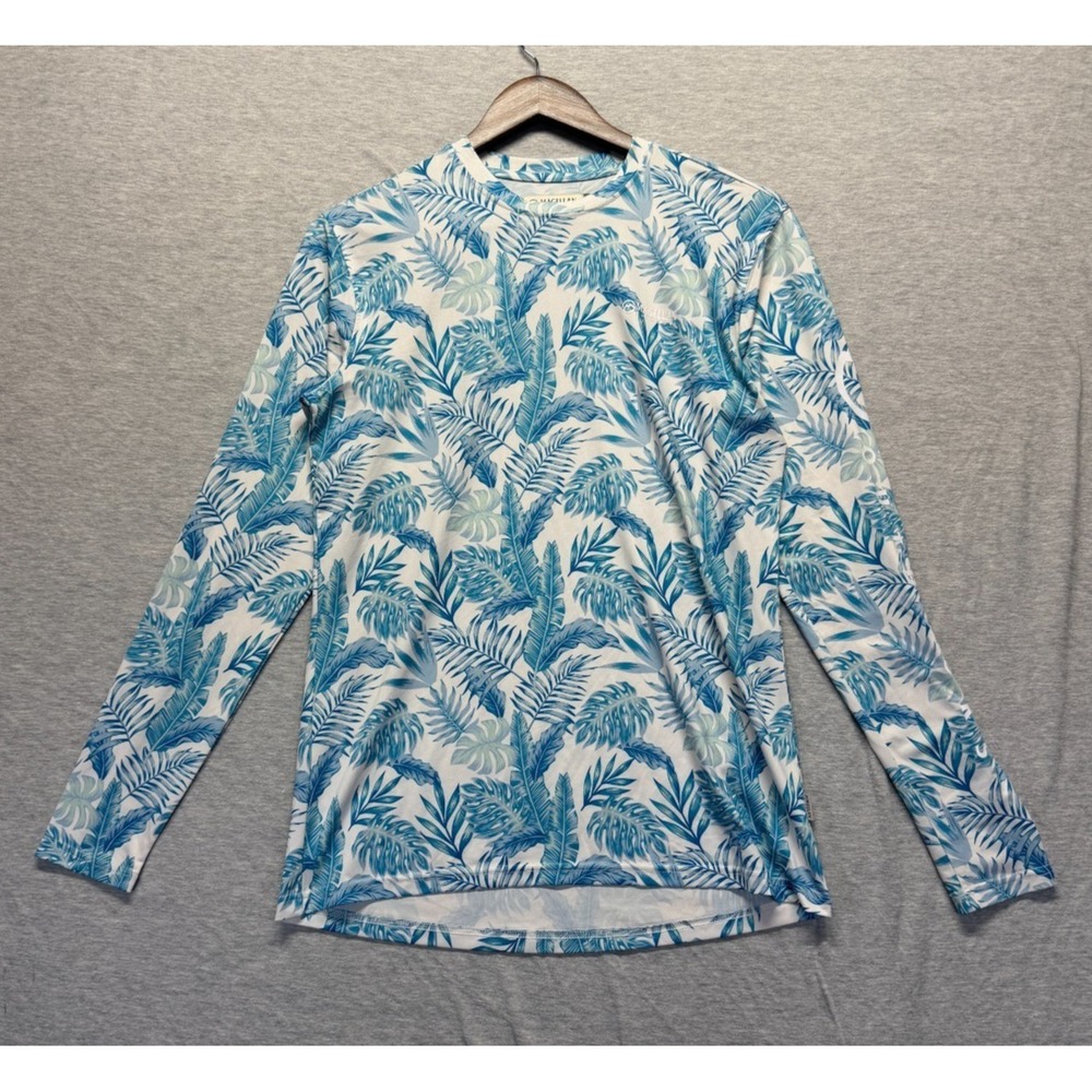 Magellan‎ Outdoors Fish Gear Shirt Women's XS White Blue Palm Leaf Boyfriend Fit